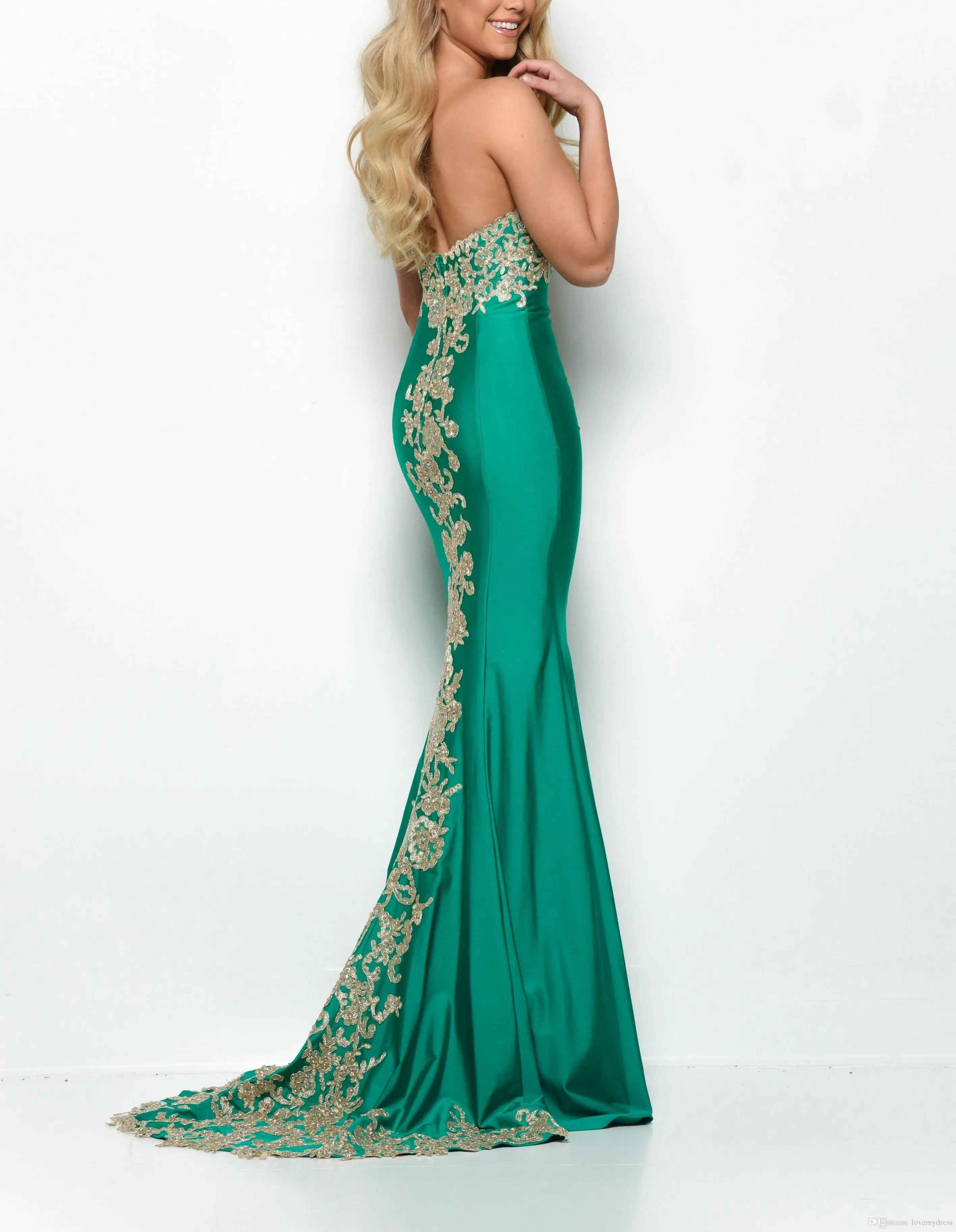 Green Gold Lace Strapless Dresses Evening Wear 2020 Trumpet Mermaid Prom Dress Elegant Formal Dress Special Occasion Gowns