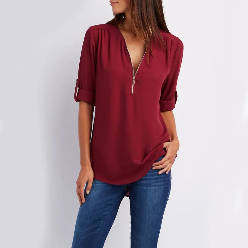 Женский топ на молнии 17 цветов лето обтягивающая шифоновая блузка Свободный Топ