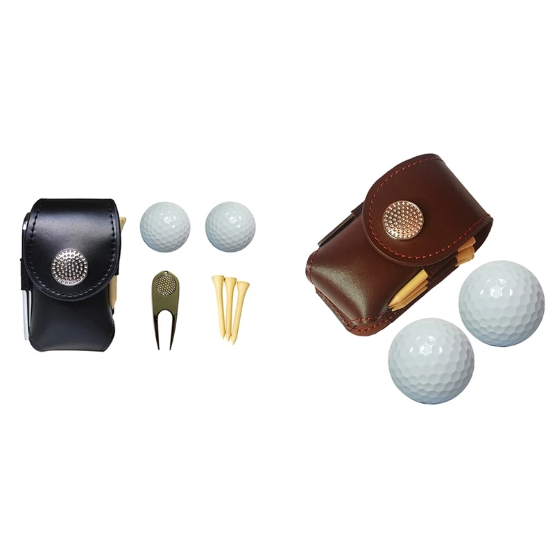 

PU Leather Golf Ball Pouch Bag Holder Pouch Waist Belt Storage Pocket with 3 Tees 1 Golf Divot Repair Tool Set