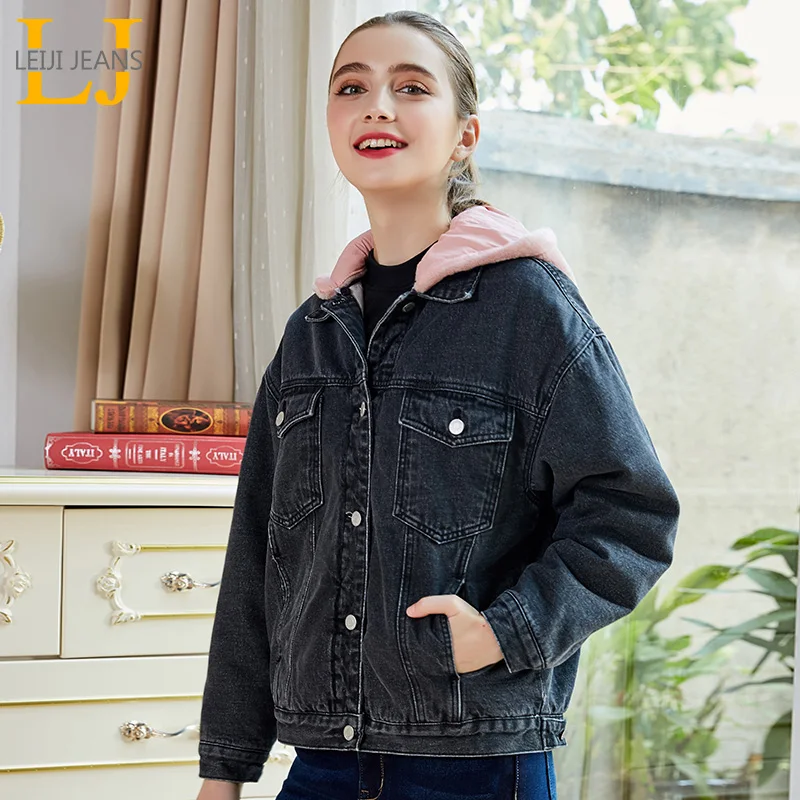 Женская джинсовая куртка с начесом LEIJIJEANS, теплая стильная куртка с розовым капюшоном, новая молодежная модель 9226R большого размера на зиму