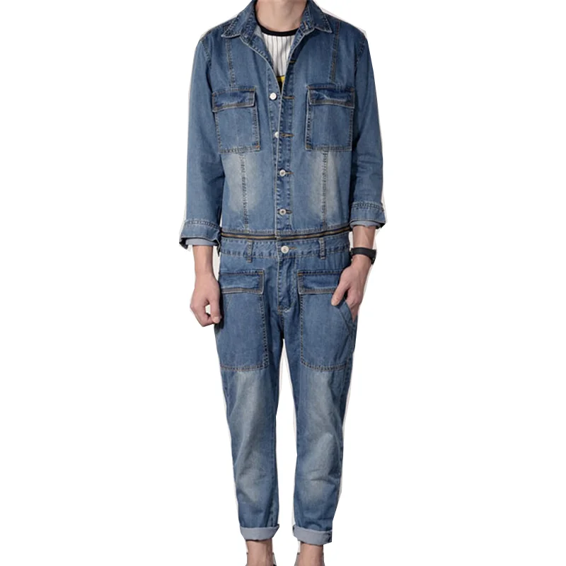 Men's loose blue lapel denim jumpsuit long sleeve jacket hip-hop streetwear detachable waist jeans casual pants