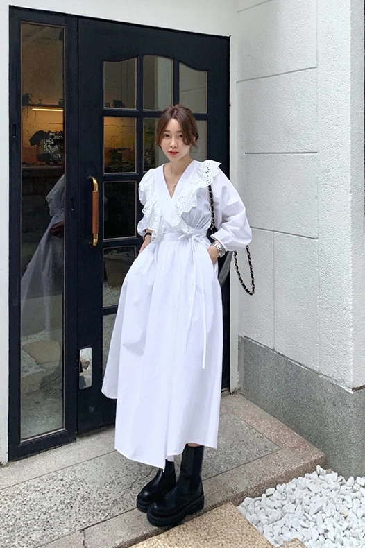 

Long White Dresses Simple V-Neck Long Sleeve Dress for Women 2021 Spring Temperament Puff Sleeve Slim Lace Solid Dresses Female