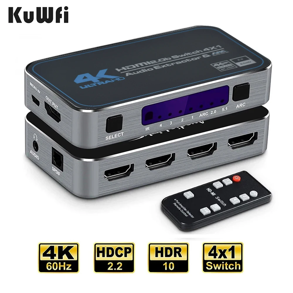 

KuWFi HD-MI Switcher Box 4K 60Hz 2.0b ARC Switch with Optical Stereo Audio Out Remote HDCP 2.2 HDR10 4 in 1Out Audio Extractor