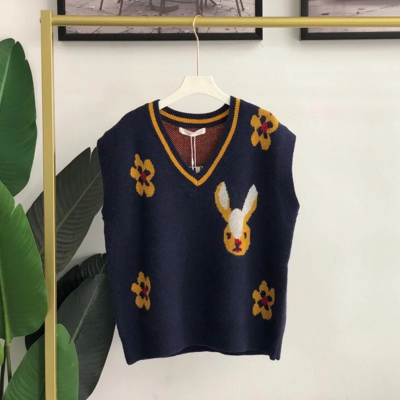 

Harajpoo Waistcoat Women 2021 Fall Winter New Temperament Round Neck Korean Printed Turtleneck Knitted Y2k Sweater Tank Vest