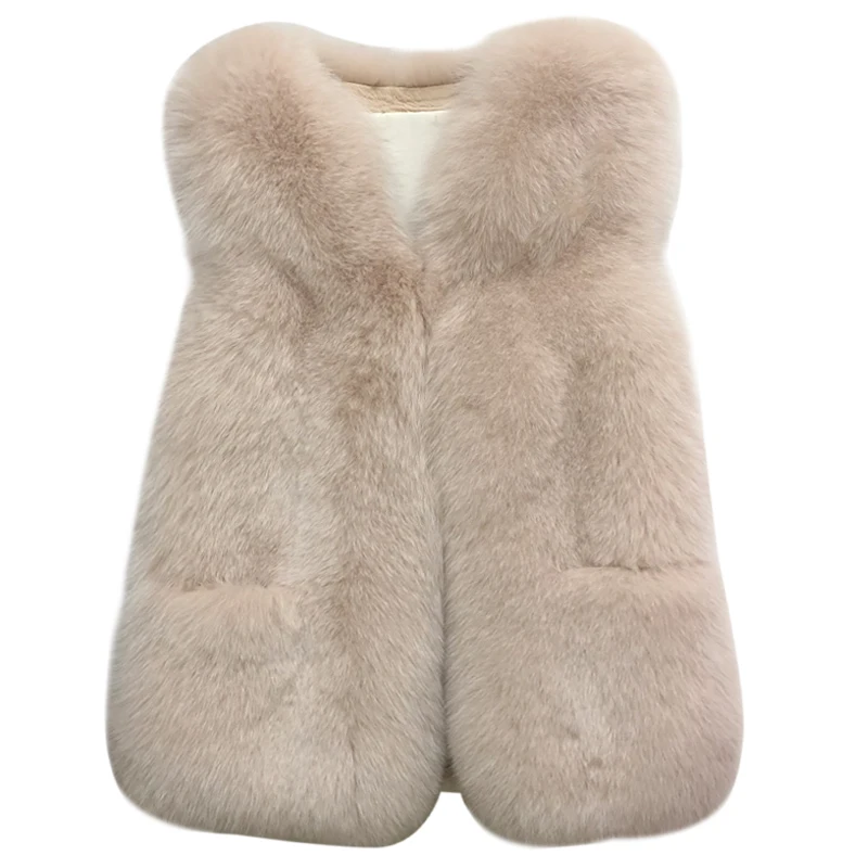 Женский Длинный жилет с карманом цельный из натурального Лисьего меха в