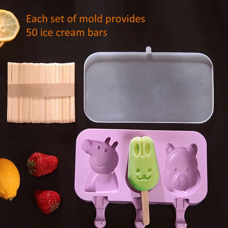 

Cute Cartoon Ice Cream Mold Silicone Popsicle Mold Reusable BPA-Free Ice Pop Mold With Lids and Sticks