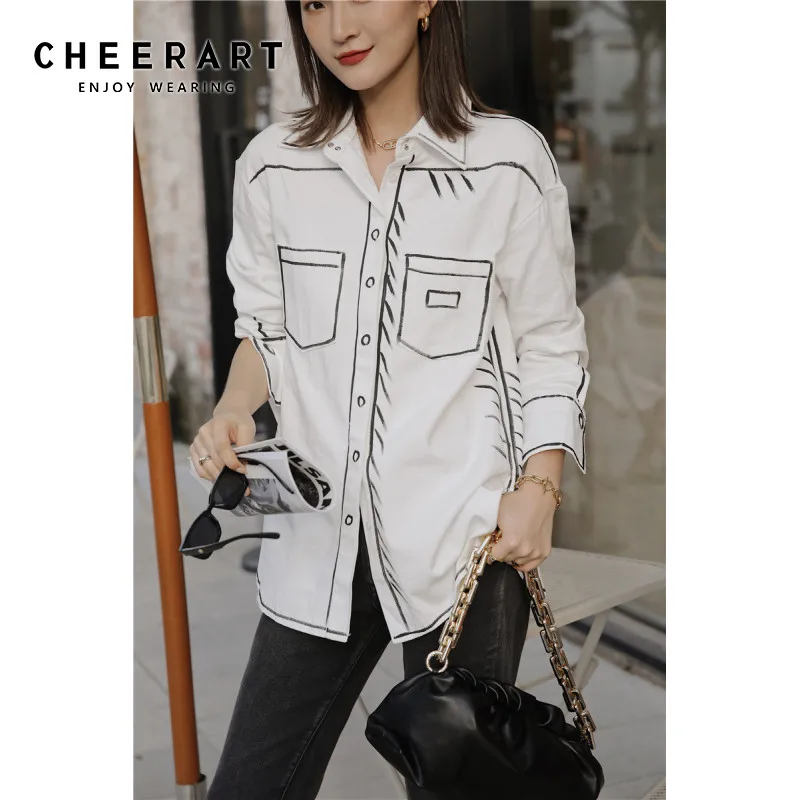 Женский топ с длинным рукавом CHEERART белая рубашка и воротником на пуговицах