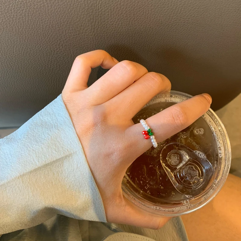 

Sweet Jewelry Simulated Pearl Ring Pretty Design Sweet Temperament Hot Selling Red Green Bead Ring For Girl Fine Accessories