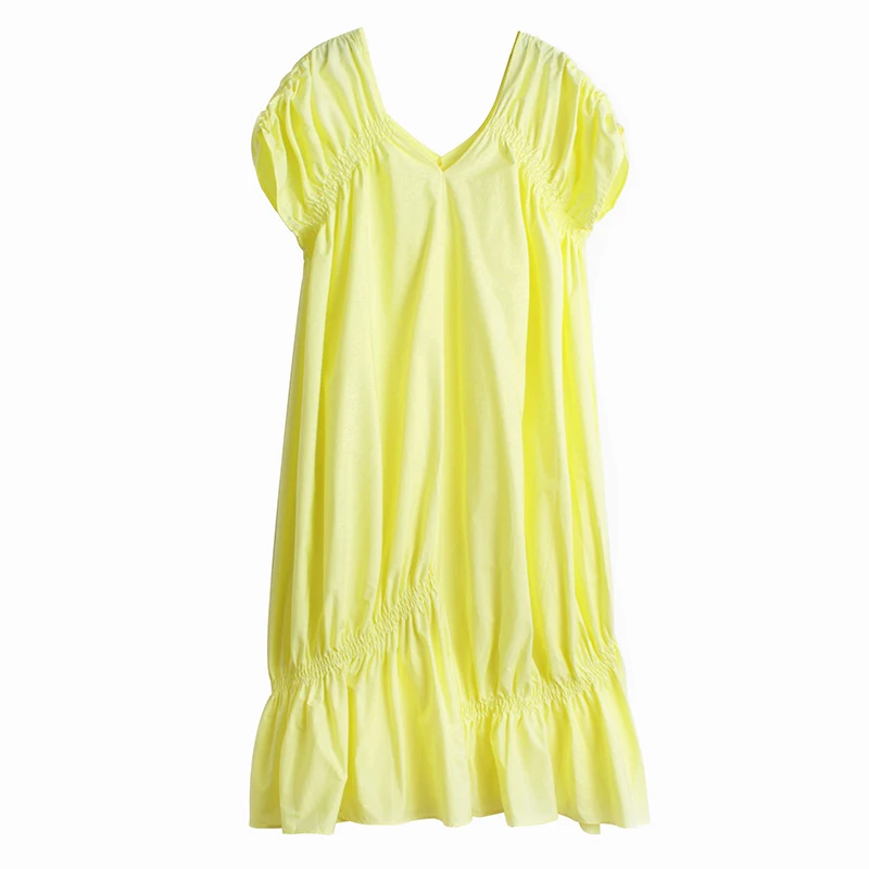 

IEQJ Women Pleated Dress Solid Casual Puff Sleeve V-collar A-line Slim Elegant Long Length 2021 New Summer Fashion Tide XA253