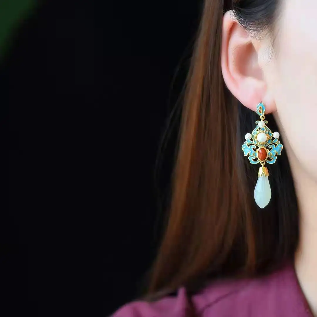 

2021 fashion Chinese style ancient method 925 silver inlaid Earrings pure jade jewelry fresh gold earrings Hetian jade water dro