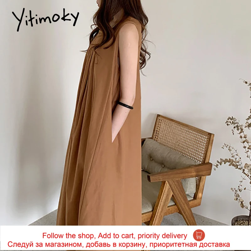 

Yitimoky Vintage Dresses Women Sleeveless O-Neck Loose Waist Folds Midi Dress A-line Holiday Casual New Summer 2021 Fashion