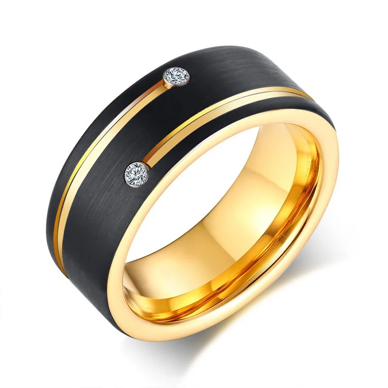 

8mm Tungsten Gold Two AAA Cubic Zircon Rings Classic Wedding Luxury Ring Men Engagement Male Rings Jewelry Party Ring