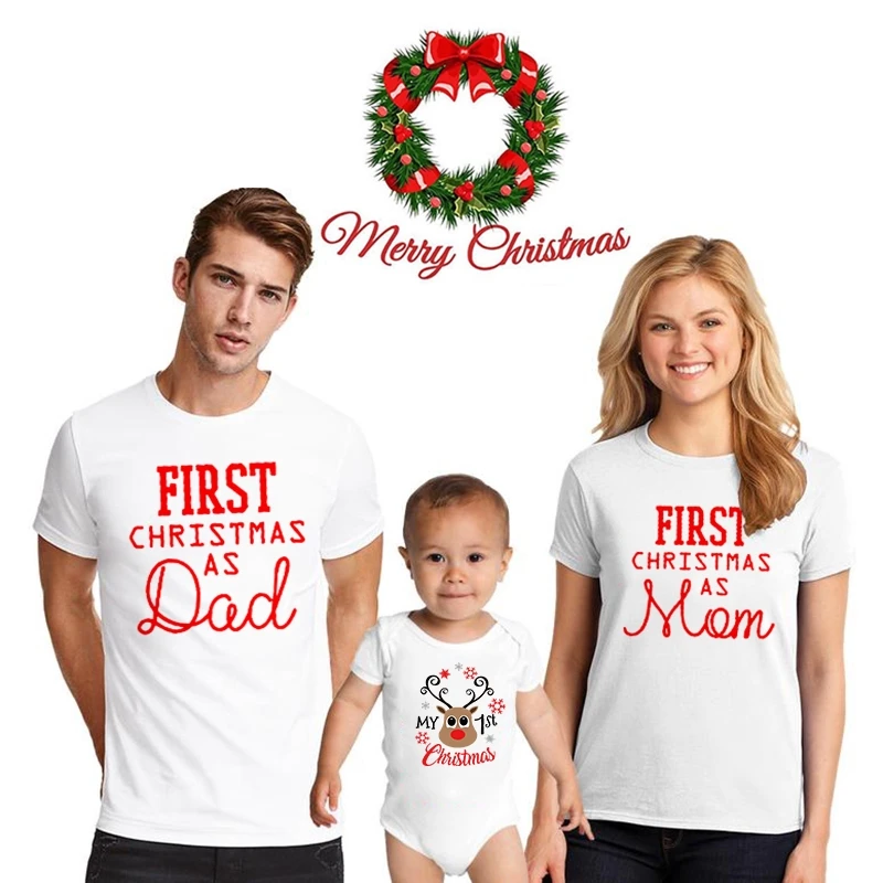 

1pc First Christmas Dad&mom Tshirt Baby Cute Romper Mommy Daddy and Baby 1st Christmas Family Look Clothes Holiday Wear
