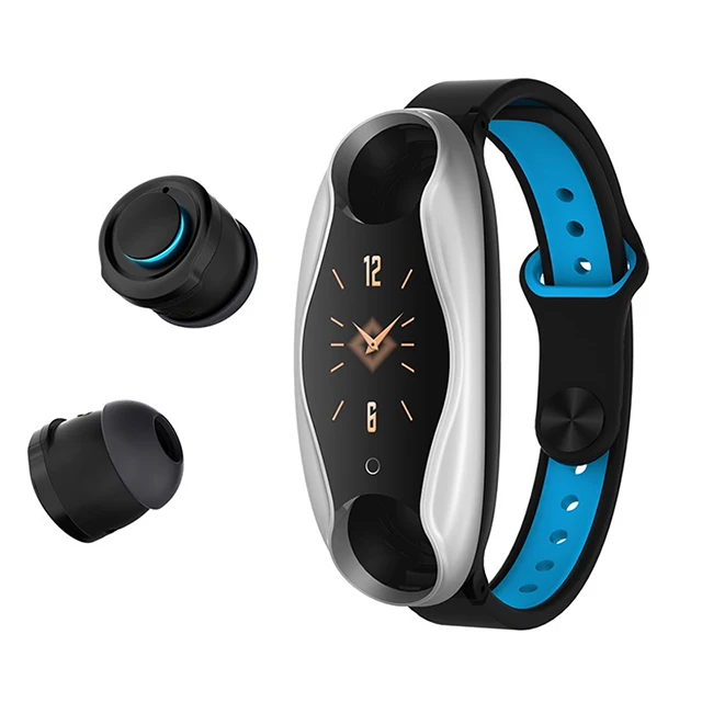 Silver Blue T90 фитнес-браслет Bluetooth 5,0 с беспроводными наушниками IP67 водонепроницаемые Siri WhatsApp спортивные Смарт-часы для IOS Android телефона - Цвет: Silver Blue