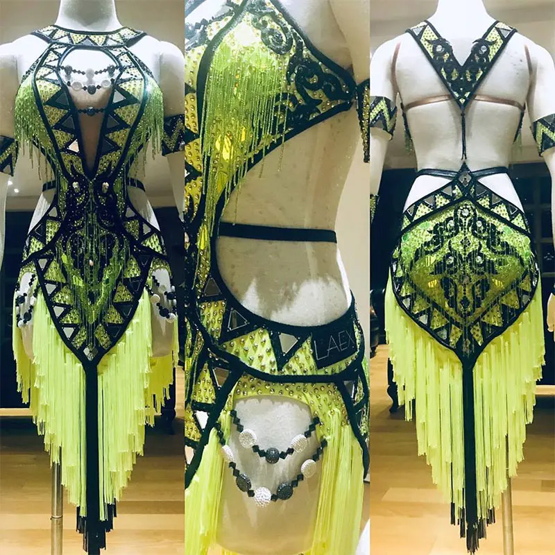 

Rhinestone tassel Latin dance dress Sexy Latin dress Professional customization latin dress Lemon yellow latin dance dress