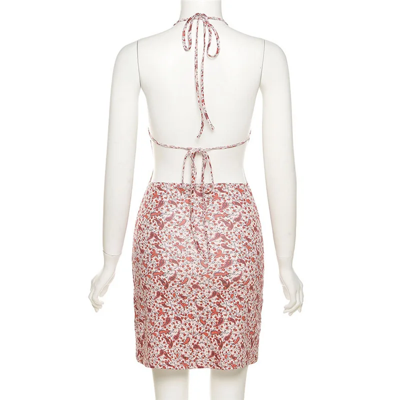 

2021 Summer Sexy Backless Cross Lace-up Y2k Girls Floral Printed Halter Straps Sun Dress Women Fashion Street Split Mini Dress