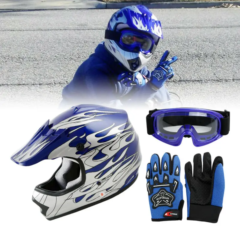 Youth Kids Dot Blue Flame Dirt Bike ATV шлем для мотокросса с очками S/M/L/XL|Шлемы| |