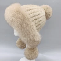 real mink fur hat with real fox fur trim women winter warm knitted fur pom pom earflap hats h219