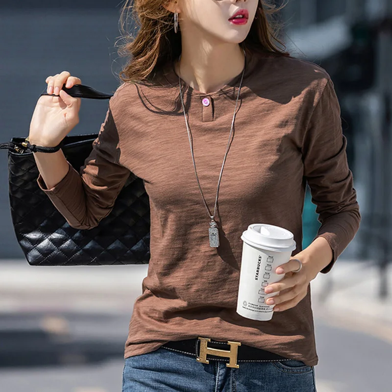

Женская футболка из бамбукового хлопка, Повседневная Свободная Базовая футболка с длинным рукавом, на пуговицах, в Корейском стиле, Осень-з...