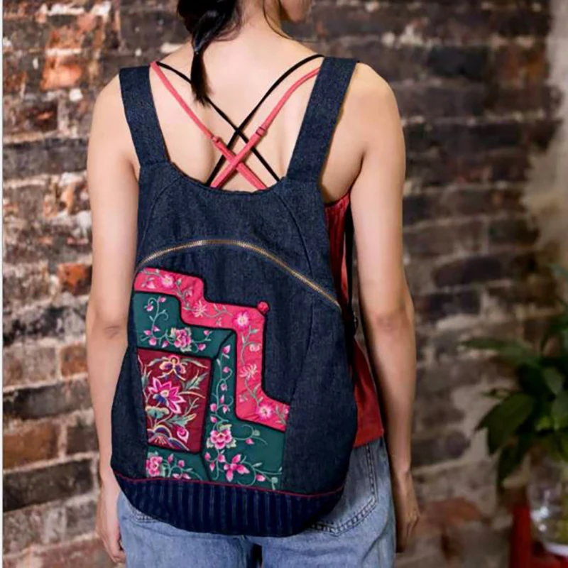 

New Style Retro High Quality Women's Backpacks Cowboy Blue Rushsack Leisure Girl's Knapsack Chinese Style Fashion Big Back Pack