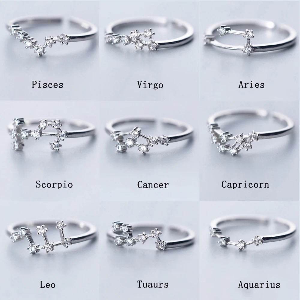 

12 Constellation Rings For Women Cubic Zircon Adjustable Zodiac Ring Virgo Cancer Libra Leo Pisces Silver Color Jewelry Gifts