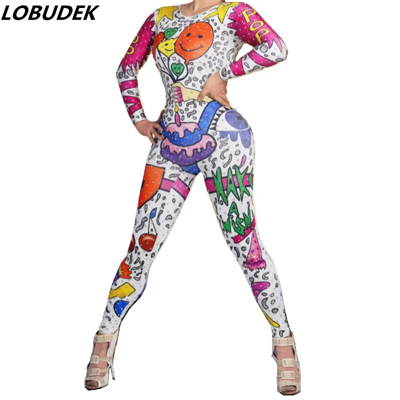 

Cartoon Printing Elastic Leotard Long Sleeve Jumpsuit Nightclub Party Halloween Bar Cosplay Costume Dancer Show Tight Stage Wear