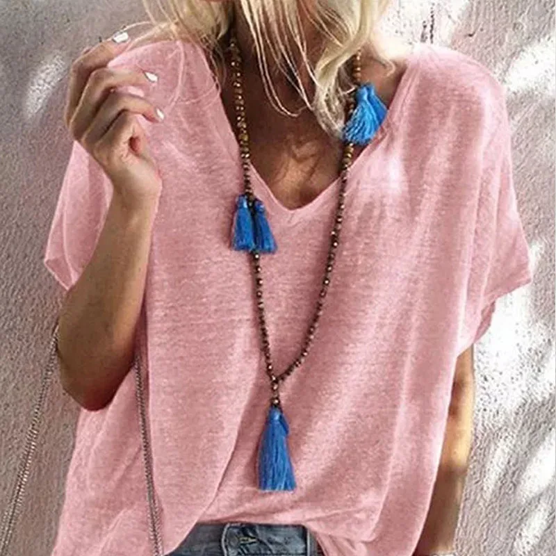 

2021 Fashion Women T-Shirt Elegant Solid Color Ladies Tee Casual V-Neck Short Sleeve Plus Size Female Tops Summer tshirt