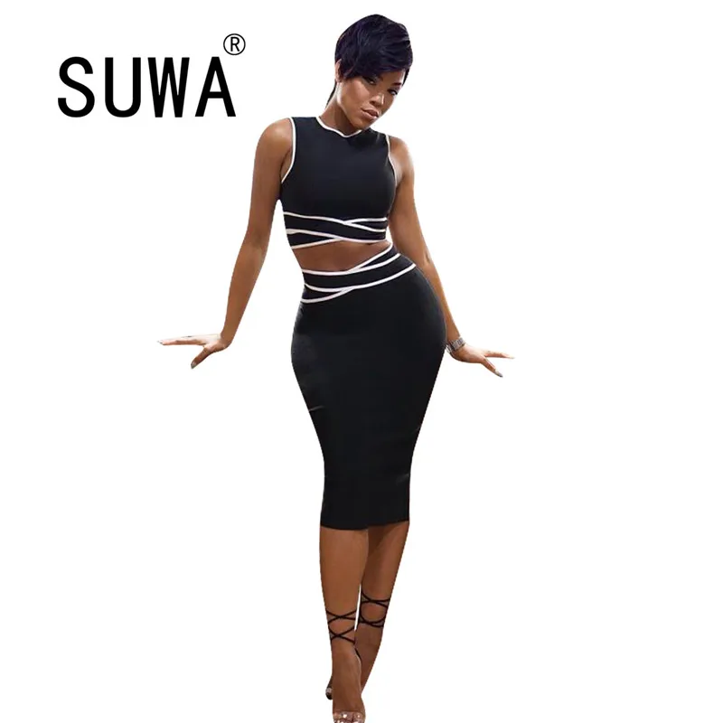 

Женская облегающая юбка средней длины, черно-белая сексуальная одежда в стиле пэчворк из двух предметов, элегантный пуловер во французском ...