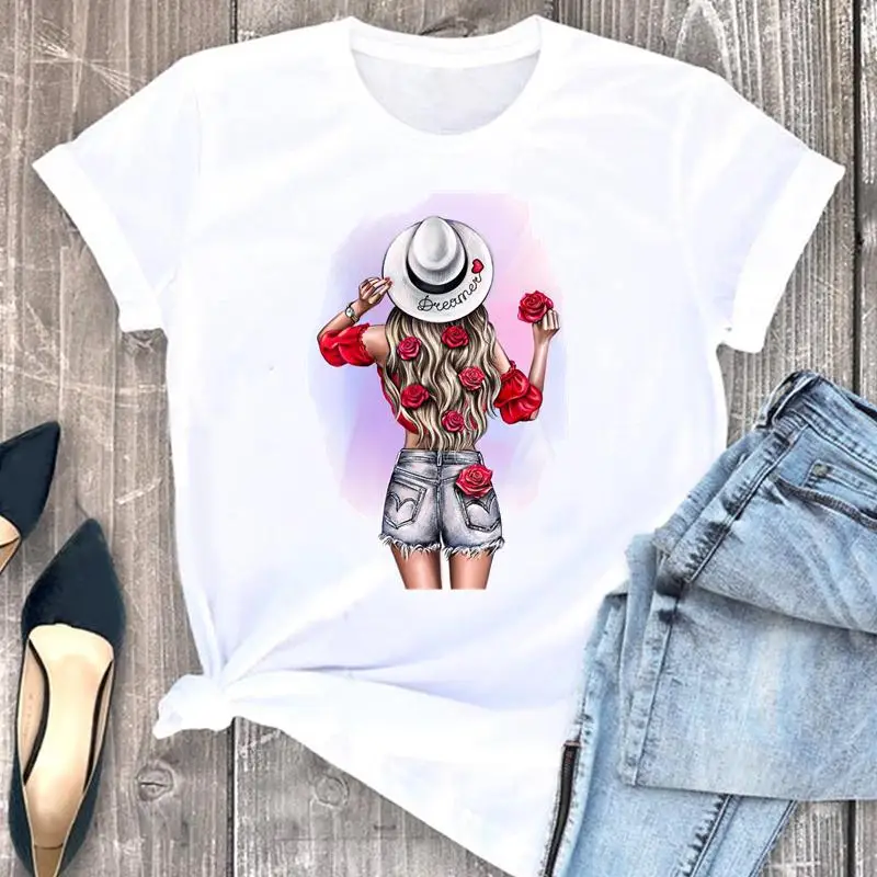 

Women Clothes Watercolor Girl Trend Sweet Cartoon Fashion Short Sleeve Print Tshirt Female Top Graphic Tee Clothing T-shirt