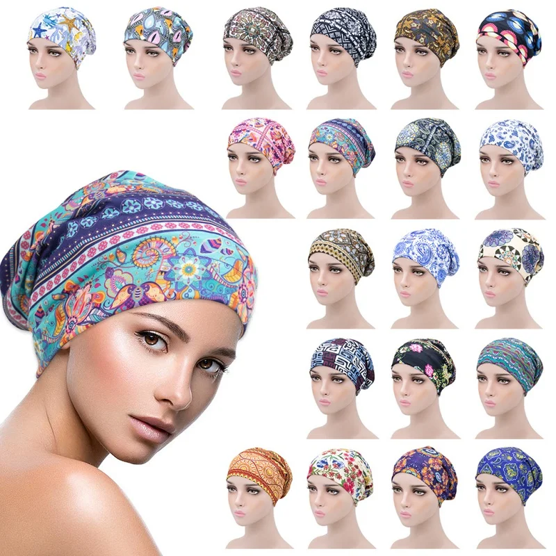 New Women Winter 2 Layers Print Hedging Cap Outdoor Sports Windproof Soft Fashion Beanie Hat