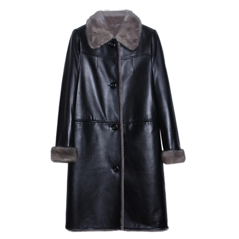 

Fashion Spring Warm Thicken New Hidden discount Long sleeves Turn-down collar Pockets Loose Coat Female Leather coat CY560