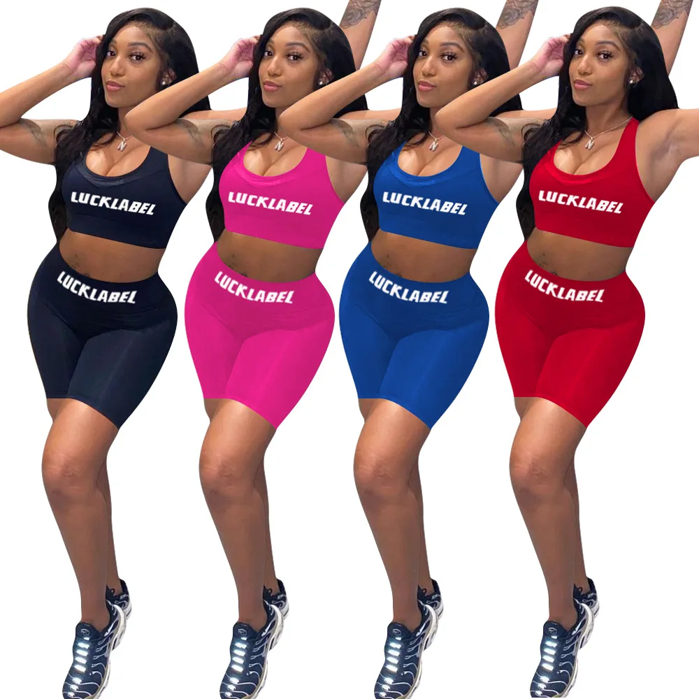 

Women Summer Short Pants 2 Piece Suit Casual Sportswear Lucky Label Letter Print Tank Crop Top + Biker Shorts Two Piece Set
