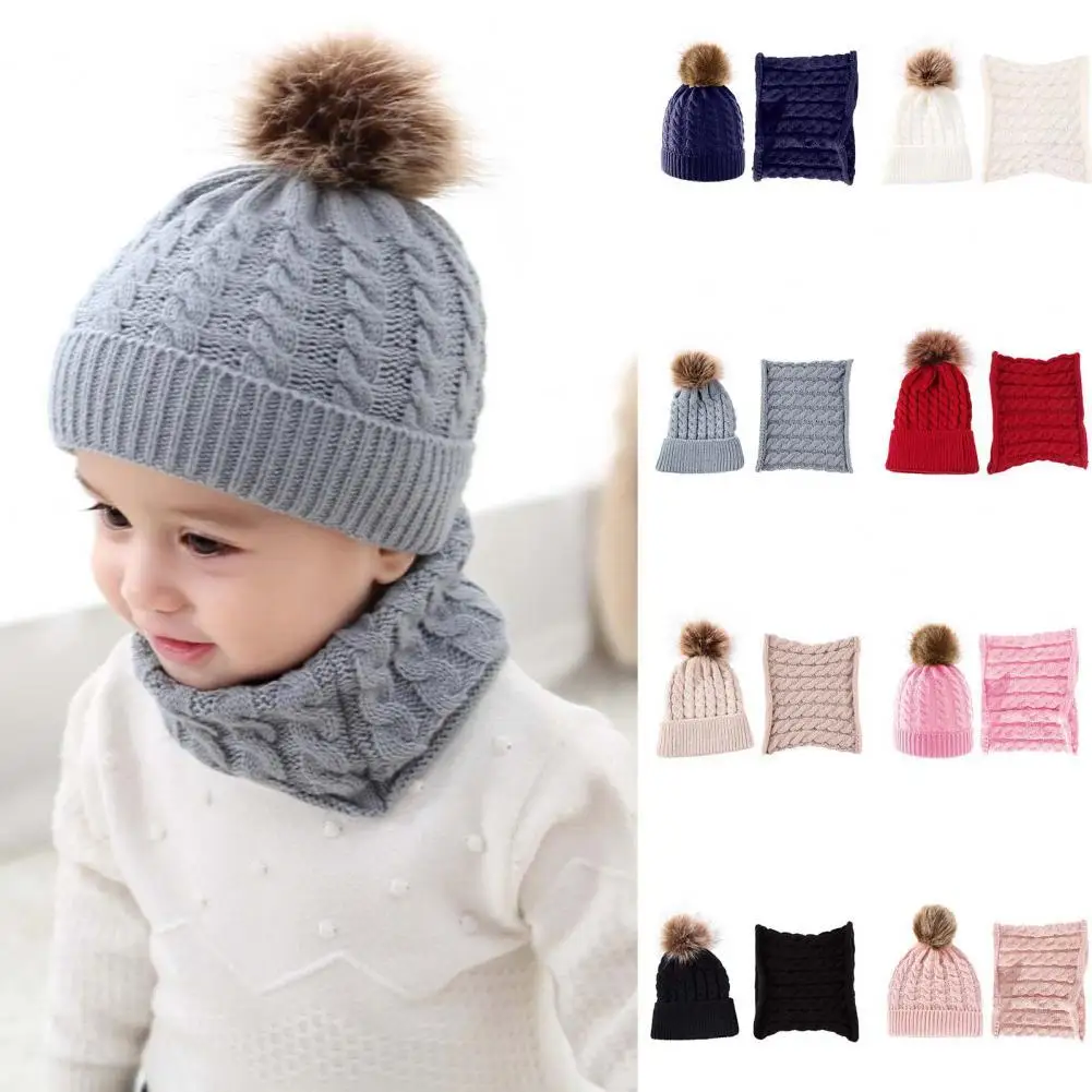 

Boys Girls 1 Set Cute Warm Fluffy Pompom Hat Circle Scarf Unisex Baby Beanie Hat Scarf Plush Ball for Daily Wear