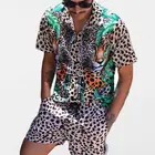 Мужской комплект из 2 предметов, гавайская рубашка с коротким рукавом и леопардовым принтом, мужские летние пляжные шорты, костюм из 2 предметов, мужская рубашка + шорты для бега