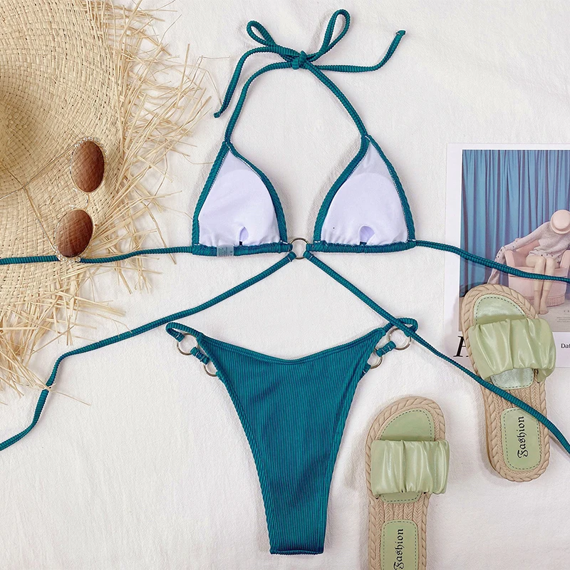 

Sexy Halter Bikini Ribbed Swimwear Bandage Swimsuit Women Green Bikini Two-pieces Set High Cut Swimsuit Backless Swimming Ring