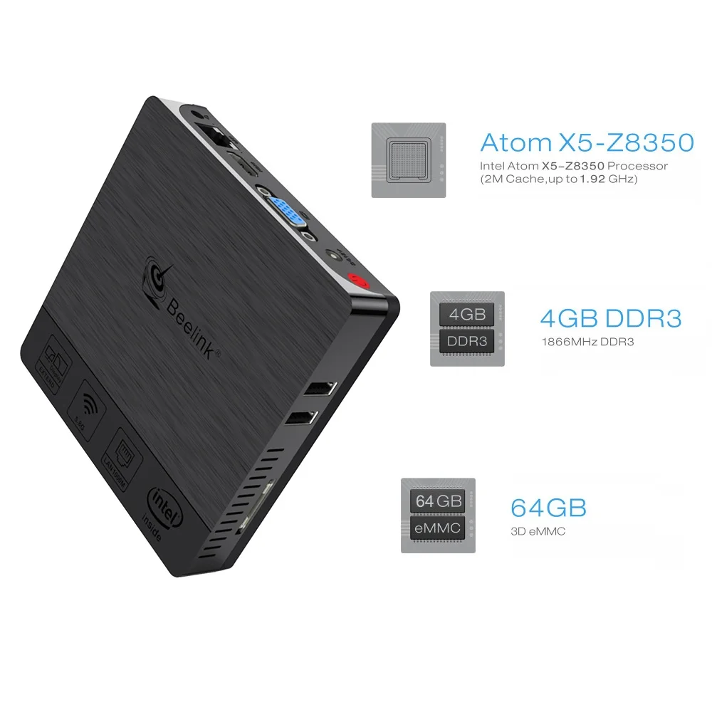 Мини-ПК Beelink BT3 Pro, Intel Atom X5-Z8350, 4 Гб ОЗУ, 64 Гб ПЗУ, 2,4 ГБ/5,8 ГБ, WiFi, Bluetooth, 4,0, 1000 Мбит/с, USB3.0, телеприставка