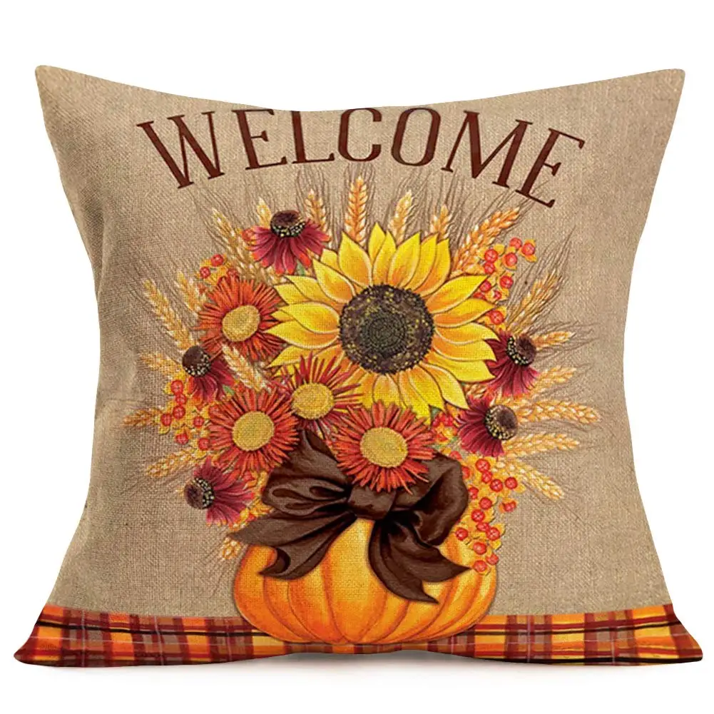 

Pumpkin Throw Pillow Covers Welcome Style Decorative Pillow Covers Linen Vintage Yellow Sunflower Pillow Cases Autumn Fall