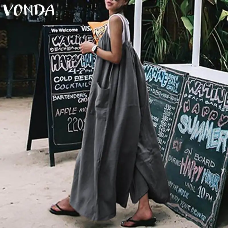 

Stylish Rompers Women Jumpsuits 2021 VONDA Summer Wide Leg Pants Casual Loose Strap Sleeveless Playsuits Plus Size Overalls 5XL