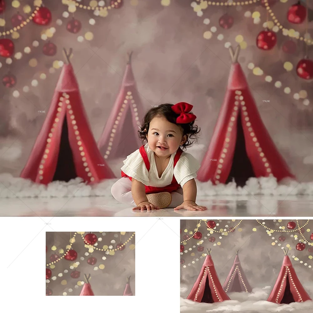 

Red Tent Newborn Portrait Background for Photography Christmas Balls Circus Winter Kids Birthday Cake Smash Backdrop Photo Booth