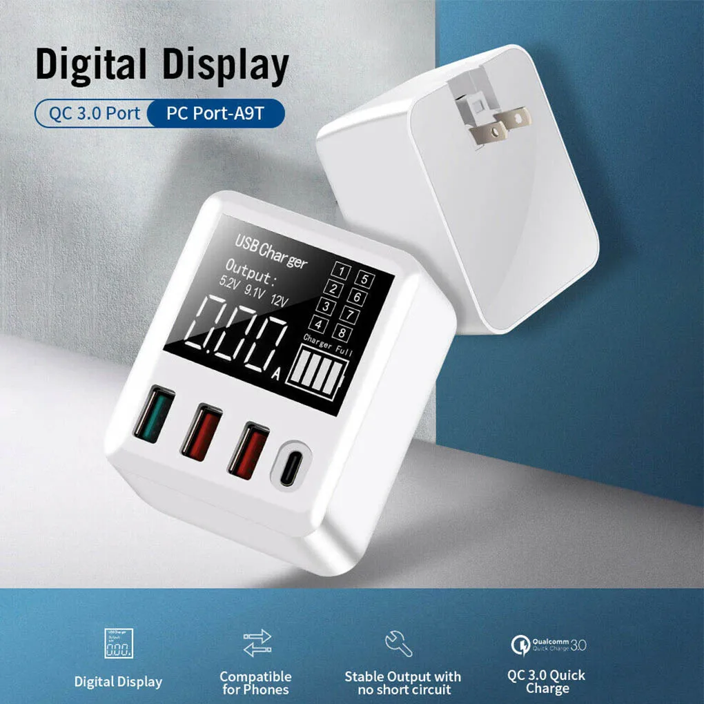 

40W Type-C Fast Charger Multiports PD3.0 USB Charger LED Display Travel Charging Adapter Universal Desktop Quick Charge Adapter