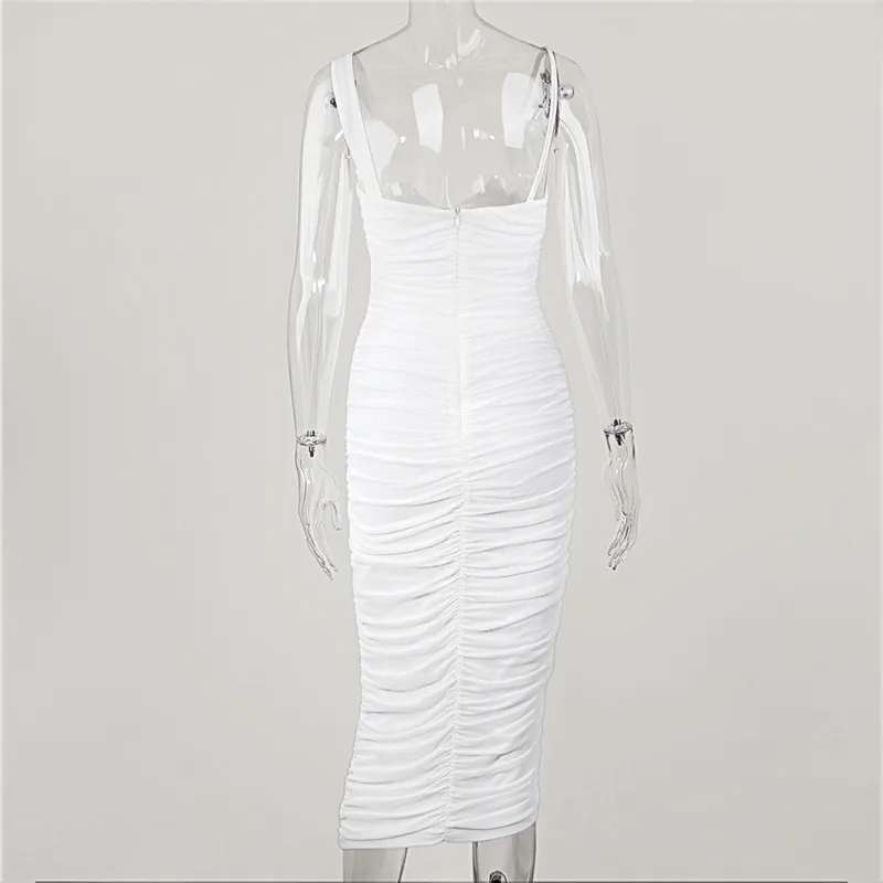 

WJFZQM Ruched Solid Sexy Bodycon Party Dress Women Fashion Sleeveless Midi Club Dress 2020 Slim Female Sundress Women Summer