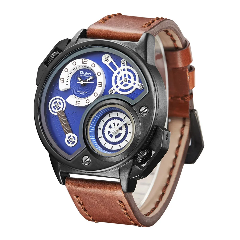 

Oulm New Arrive Unique Design Male Quartz Watch Two Time Zone Sports Men's Watches PU Leather Casual Men Military Wristwatch