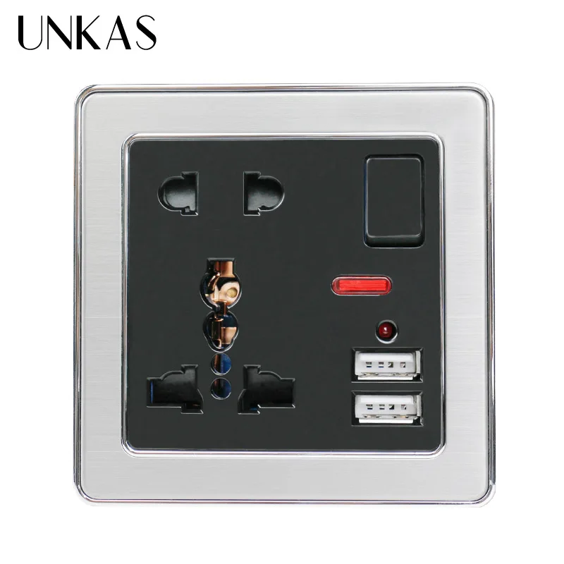 Универсальная настенная розетка UNKAS 13A с 5 отверстиями неоновая а двойной usb-порт