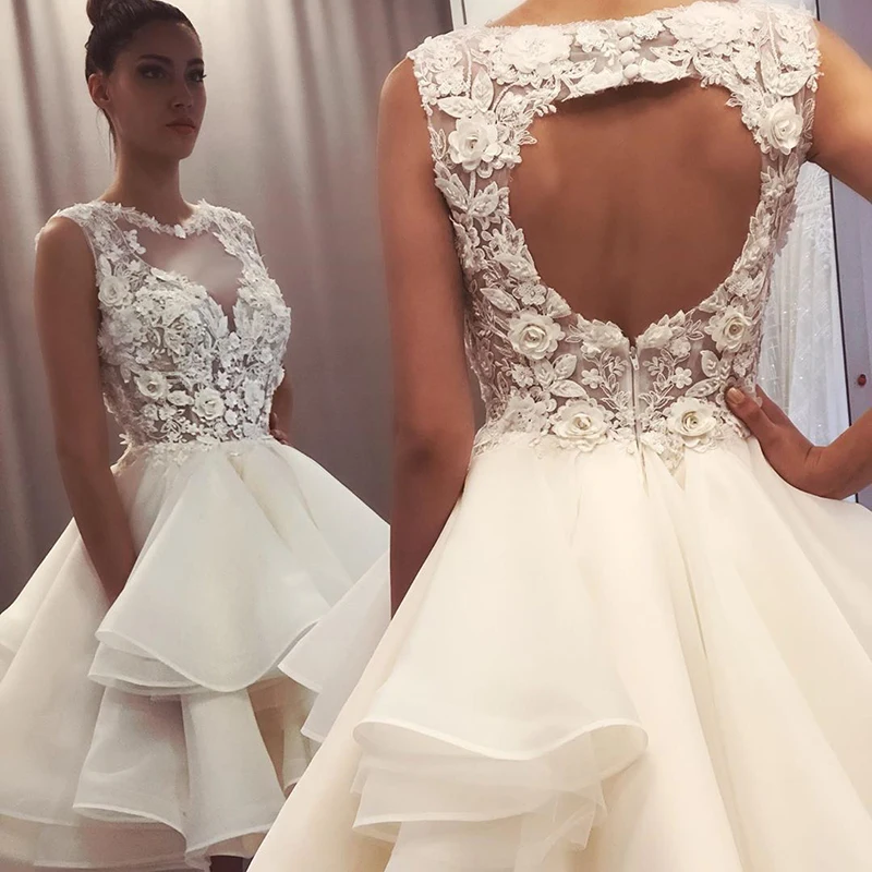 

2021 New Lovely Short Lace Sleeveless Bridal Wedding Dresses Knee Length Illusion O Neck Wedding Gowns for Bride Cut Out Back