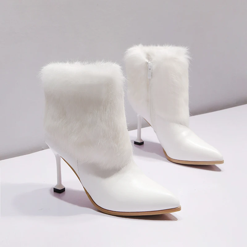 2019 роскошные женские белые сапоги теплые зимние на высоком каблуке 10 см