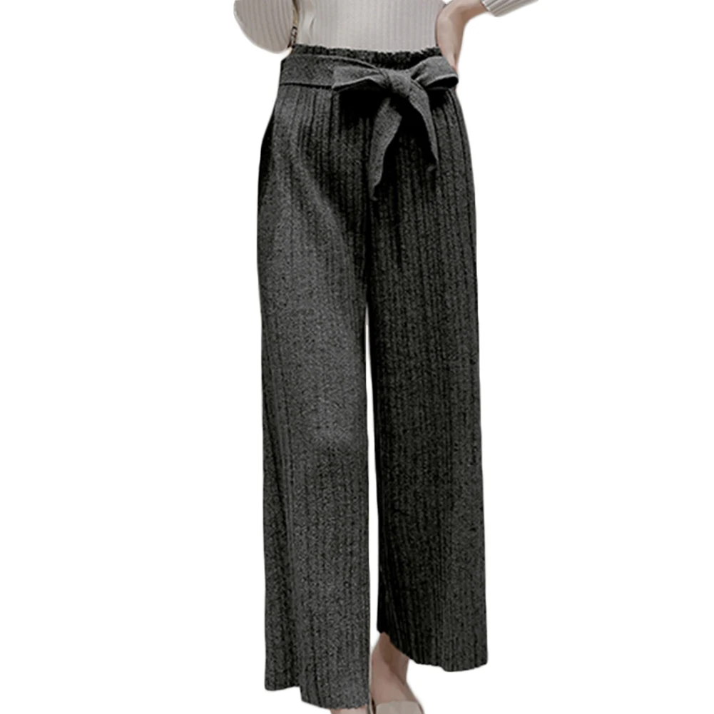 

Solid Fashion Knitted Autumn Winter Thick High Waist Wide Leg Casual Ninth Length Artificial Wool Women Pants