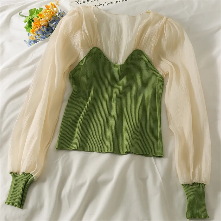 

French Style Elegant Blouse Autumn Long Sleeve Knitted Pullover Crop Top Womens Tops And Blouses Knitwear