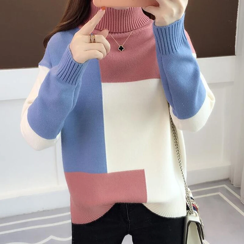 Oversized Knitted Sweater Women Red Patchwork Turtleneck Winter Jumper Korean Pullover Casual Clothes Warm Loose V644 | Женская одежда