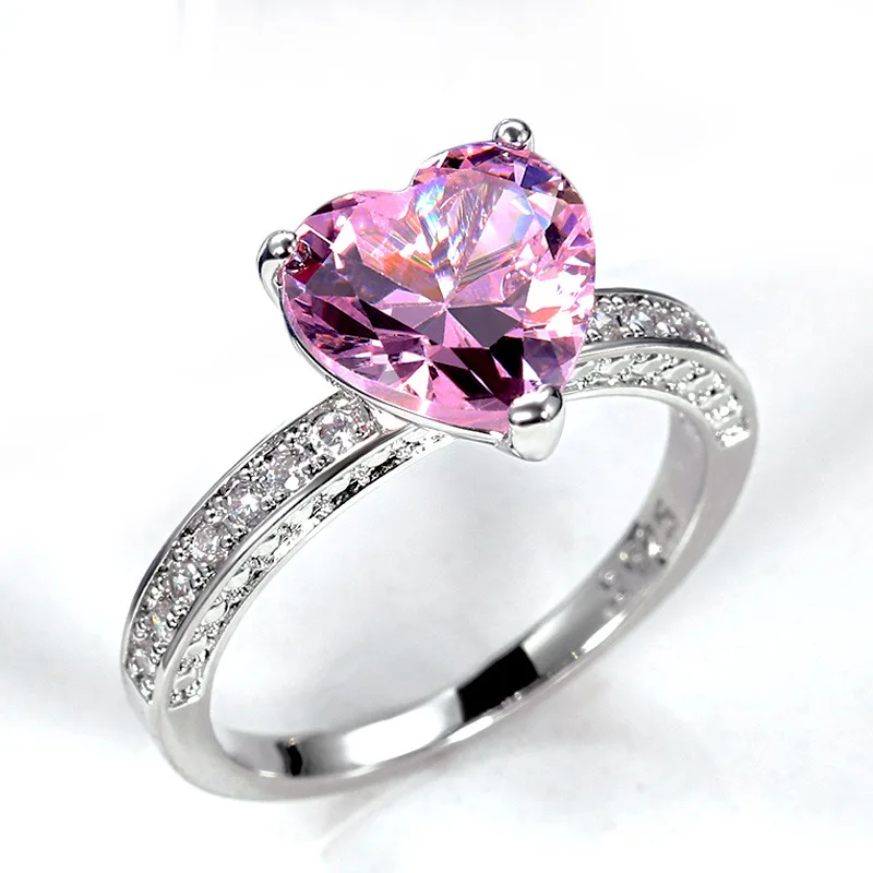 

HUAMI New Wedding Ring Valentine's Day Heart-shaped Pink Diamond Zircon Ring Two Colors Available Fashion Ladies Ring Jewelry