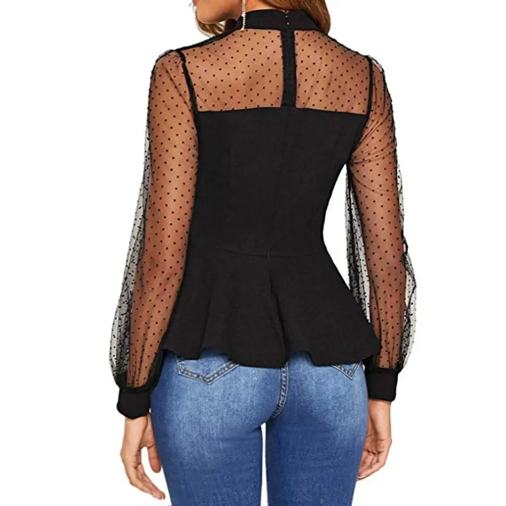 Женская блузка с длинным рукавом в сеточку топ рубашка горошек